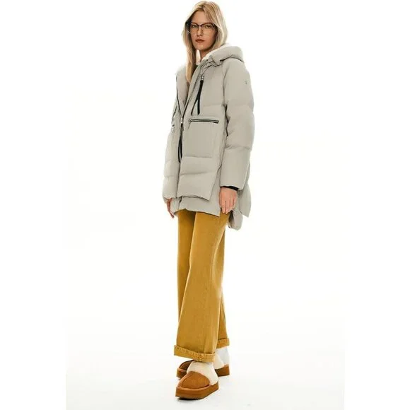 Women's Thickened Beige Clothing Down Vest Jacket Warm Fleece Lined Hood Coat